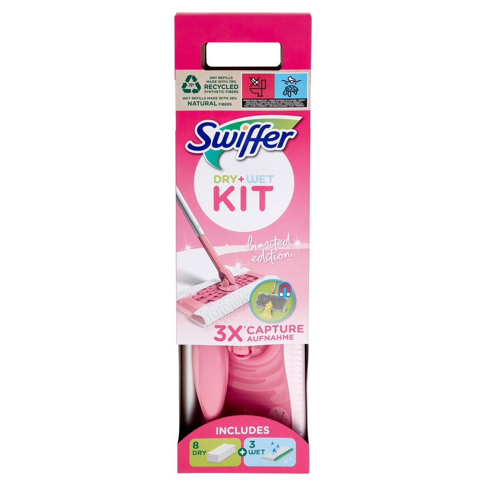 Swiffer Dry+Wet Kit Scopa +8 Panni Cattura Polvere +3 Panni Lavapavimenti Wet limited edition